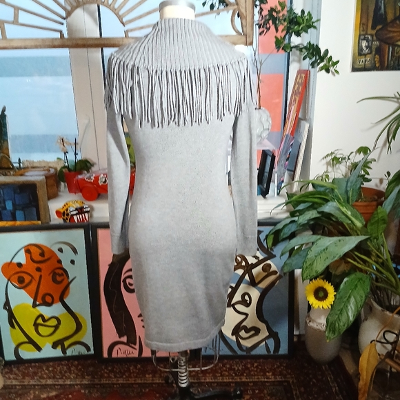 Calvin Klein Gray Fringe Neckline Sweater Dress Size Medium - Picture 3 of 9